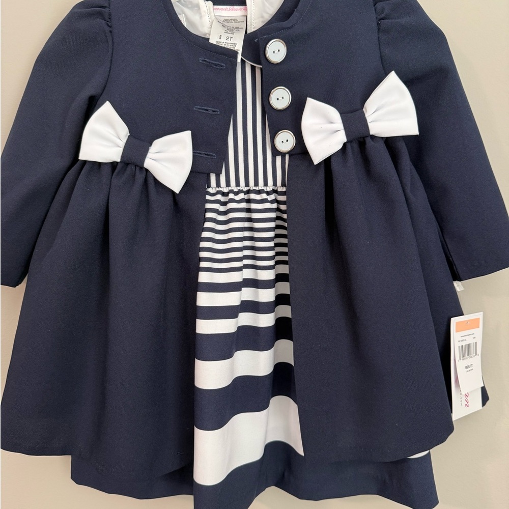 Navy and White Striped Dress with Overcoat